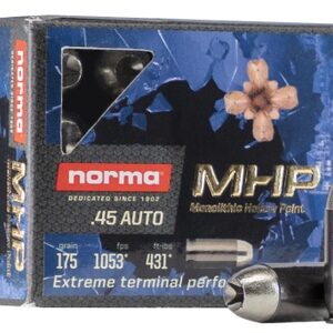 Norma Self Defense Ammo 45 ACP MHP 175gr Copper Hollow Point 1053 FPS 20/box