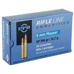 PPU 8mm Mauser 196gr SP Soft Point 2425 FPS 20/box